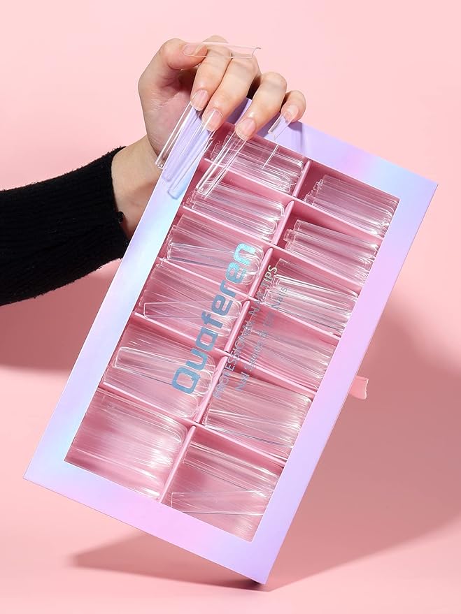 Quaferen 504Pcs Clear Square Nail Tips for Acrylic Nails Professional, XXXL Extra Long Tapered Square Straight Acrylic Nail Tips, Full Cover No Crease Nail Extension False Nails for DIY Nail Art