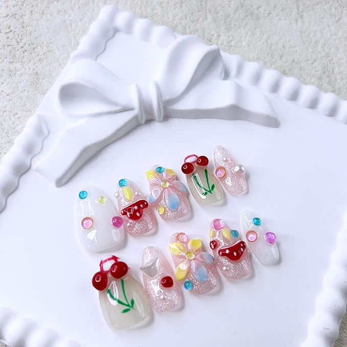 Short Almond Press on Nails Luxury Handmade Nails with Glue,3D Cherry Mushroom Rhinestone Designs False Nails Handmade Nail Press ons Muti-Layer Gel French False Nails for Women (Size S)