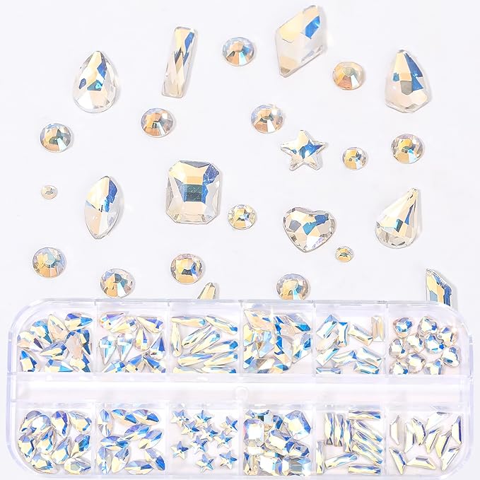 HNUIX Nail Rhinestones - 3D Multi Shape Size, Crystal Blue Moonlight Nail Gems, Flat Back, with Kit, for Nail Art, DIY Decorations