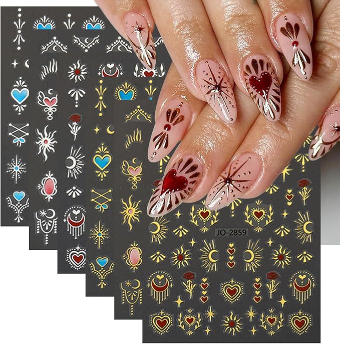 6 Sheets Sun Star Nail Stickers for Nail Art 3D Gold Silver Heart Nail Art Stickers with Sun Star Moon Self-Adhesive Design Nail Art Supplies Chrome Nail Decals for Women Acrylic Manicure Decorations