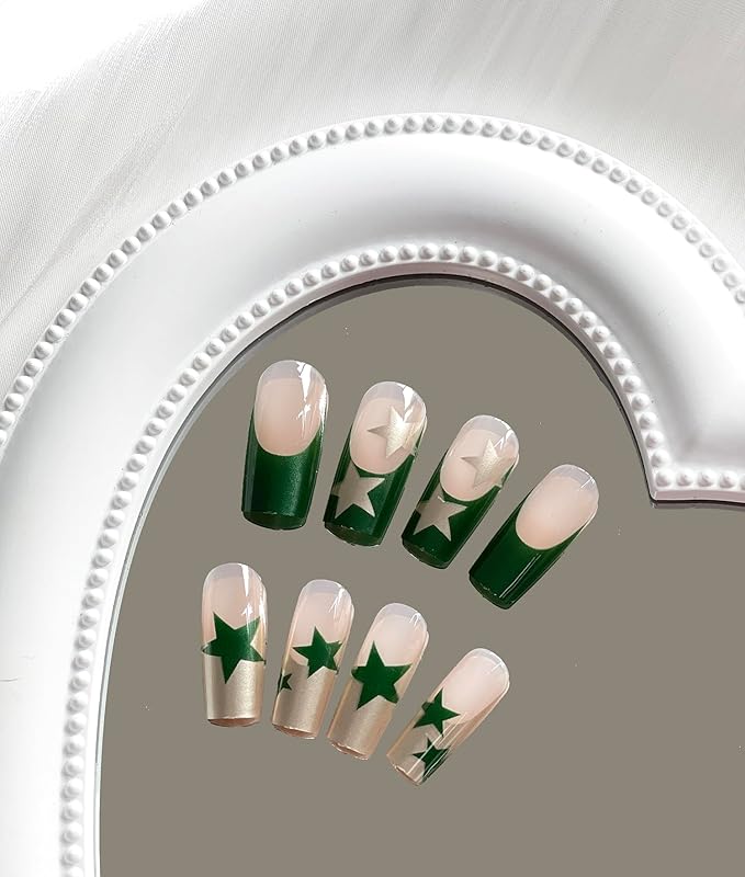 Press on Nails Long Square Sliver French Tip Fake Nails Glitter Full Cover False Nails with Green Stars Designs Glossy False Nails with Nail Glue Artificial Acrylic Nails for Women Girls 24 Pcs