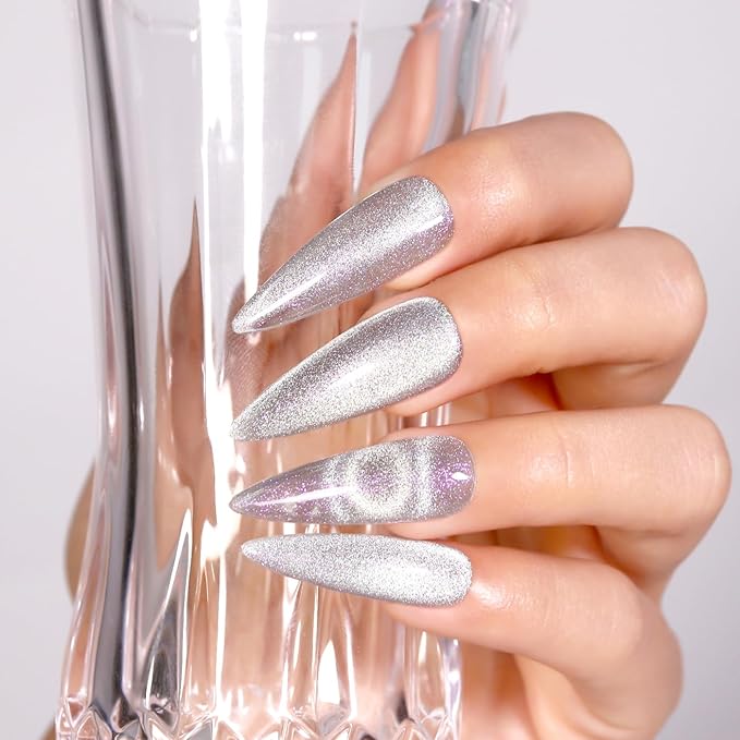 Imtiti Cat Eye Gel Nail Polish, 15ML Silver Holographic Glitter Cat Eye Gel Polish with Magnet UV LED Magnetic Crystal Galaxy Sparkly Home DIY Manicure