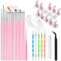 Nail Art Tools Set,15 PCS Nail Brushes,5 PCS Nail Dotting Tools,Nail Stands,Brush Holder,Tweezers,Double-Sided Tape,Nail Design Tools Kit for Press On Nails and Nail Painting