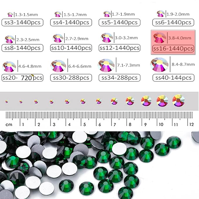 Dowarm 1440 Pieces SS16 Flatback Rhinestones, 4MM Flatback Crystal Rhinestones for Craft Nails Dance Costumes, Glass Flat Back Nail Crystals, Non Hotfix Rhinestones (SS16 / 4MM, Green/Emerald)