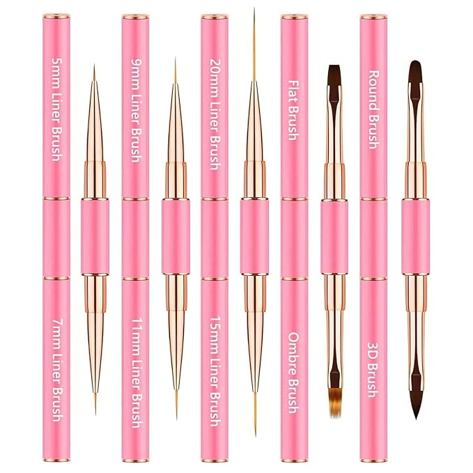 Nail Art Brushes Set - Professional 5pcs Double-Ended Acrylic Nail Art Brushes Liner Detail Thin Brushes For Drawing Design Brushes Gel Builder Brushes 3D Nail Art Tools (Pink)