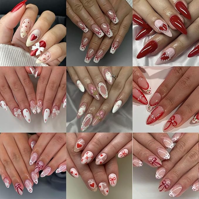 8 Sheets Valentines Day Nail Stickers for Nail Art Self-Adhesive Cute Bow Nail Art Stickers 3D Laser Bowknot Heart Star Nails Decals Red White Design French Tip Manicure Decorations Supplies for Women