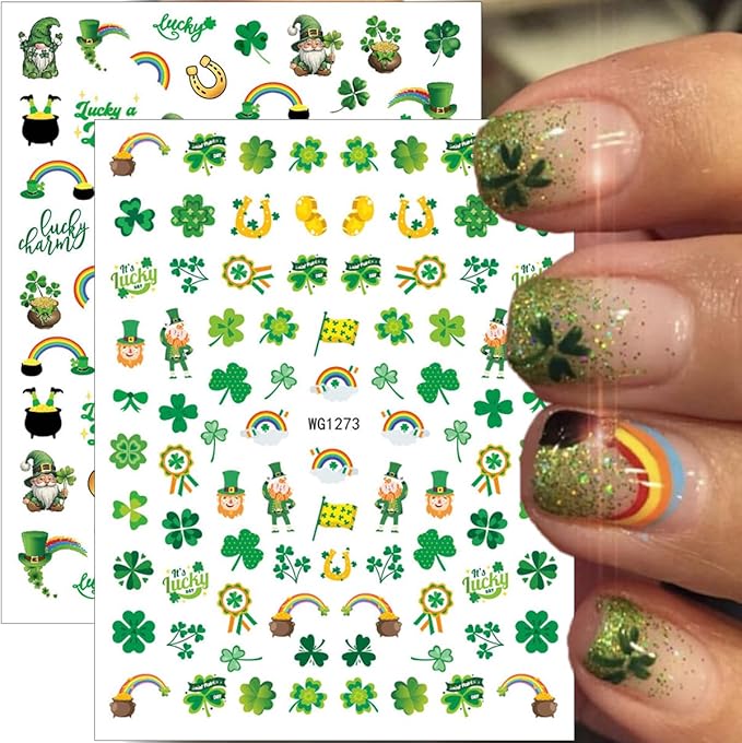 8Sheets St. Patrick's Day Nail Art Stickers Decals 3D Self Adhesive Spring Nail Decals Green Shamrock Nail Stickers Lucky Rainbow Clover Gnome Design Cute Nail Decoration Supplies for Women DIY