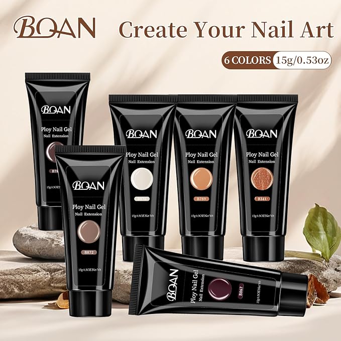 BQAN Poly Nail Gel Kit - 6 Colors Builder Gel for Long-Lasting Nail Extensions | 15ml Each | Salon-Quality DIY & Home Use | Low Odor
