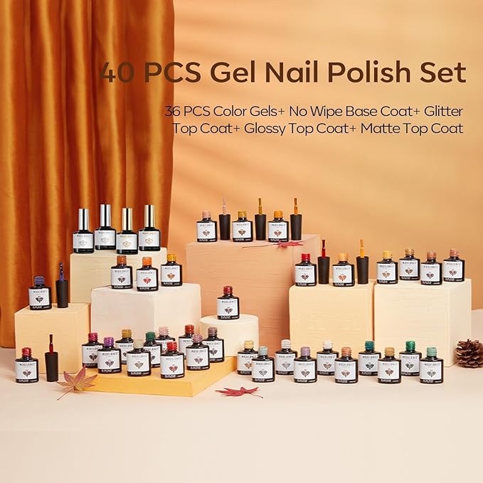 modelones 40 Pcs Gel Nail Polish Set, Nude Brown Green Red Purple Orange Gold Jelly White Colors Blooming Gel Polish Kit with Base Coat & Matte Glitter Glossy Top Coat DIY Mani Gfit