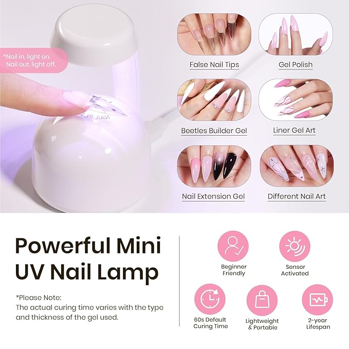 Beetles Tipex Instant Apex Nail Tips Kit – Stiletto Long, Pre-Building Pre-Etched Thick Acrylic Tips with Tipex Nail Glue, Dehydrator, Primer, Base & Top Coat, Mini UV Lamp 224PCS in 16 Sizes