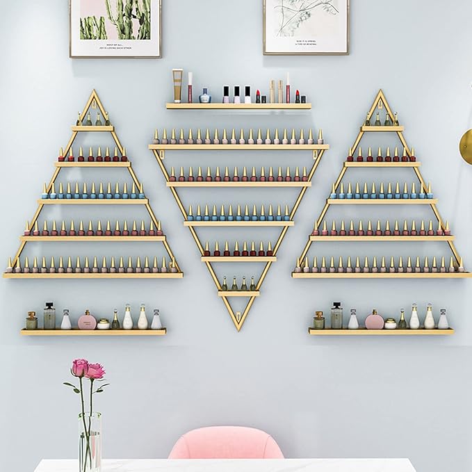 Wall Mounted Nail Polish Rack Triangle Metal Storage Rack 6 Sets Nail Polish Holder Essential Oil Holder, for Nail Techs Nail Salon Shop/Retail Shop,Gold