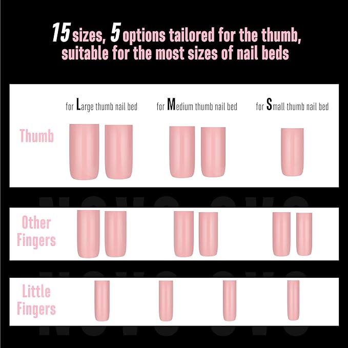 NOVO OVO Meidum Sharp Square Nail Tips Press on Pure Color BABY PINK, Extra Thick NEED Builder Gel Top Coat Glue Soft Gel Matte Fake Nail Extension, Full Cover False Nails for Salon DIY 15 Sizes 180pc