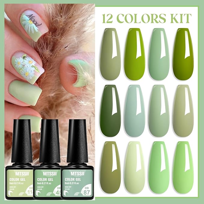 MTSSII Green Gel Nail Polish Set 12 Pcs Sage Green Forest Green Gel Polish Lime Olive Emerald Green Nail Polish Soak Off Gel Nail Kit Holiday Gift Home DIY Salon for Women