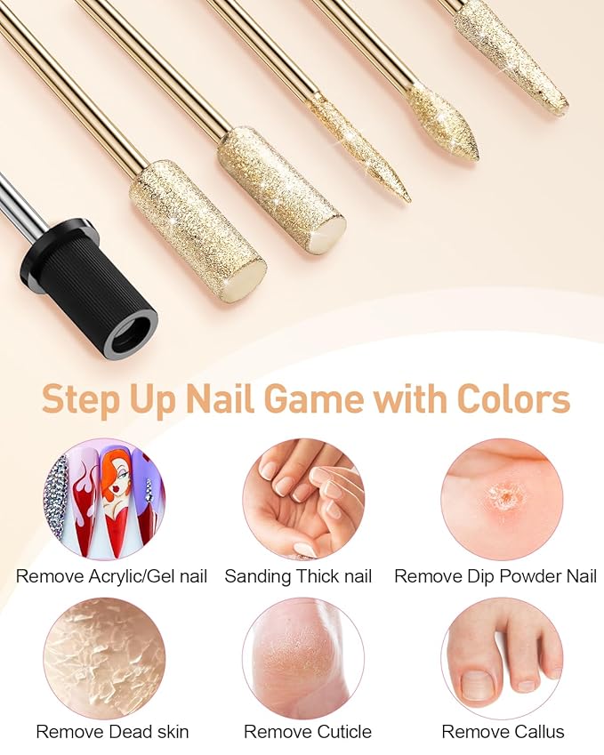 Subay Electric Nail File, Nail Drill Machine for Acrylic Gel Nails, Portable USB Nail Drill Kit Set with 6 Nail Drill Bits & 26 Sanding Bands for Home and Salon Use - Gold
