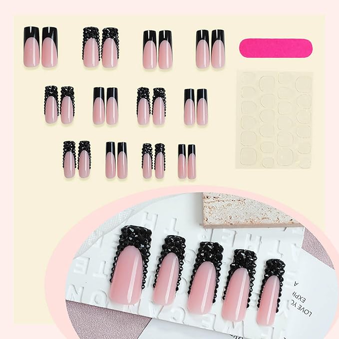 Long Press on Nails Square Black French Tip Fake Nails Rhinestones Full Cover Nails Press ons Stick on Nails with Designs Glue on Nails Glossy Artificial Nails for Women Manicure 24Pcs