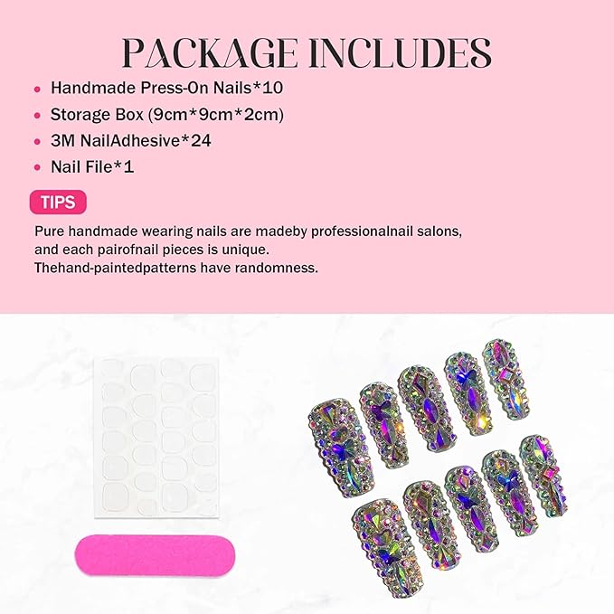 Luxury Handmade Press on Nails Long Coffin Fake Nails Rhinestone Crystal Full Cover False Nails with Glue with Designs Sparkly Long Acrylic Nail Reusable Stick on Nail for Women 10Pcs(Size M)