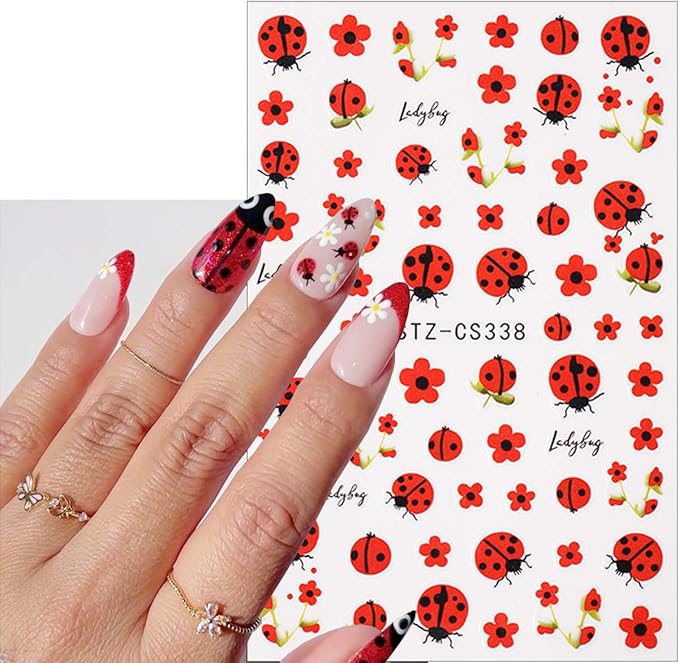 6Sheets Spring Nail Art Stickers Decals 3D Self Adhesive Ladybug Nails Decals Red Flower Nail Stickers Summer Insect Animal Floral Nails Design Sticker Cute Manicure Supplies for Women Girl DIY Charms