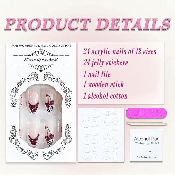 French Tip Press on Nails Medium Almond MABKJLF Fake Nails 3D False Nails with Flower Cherry Leopard Print Gold Ball Designs Glossy Glue on Nail Full Cover Acrylic Nails for Women Girls 30Pcs