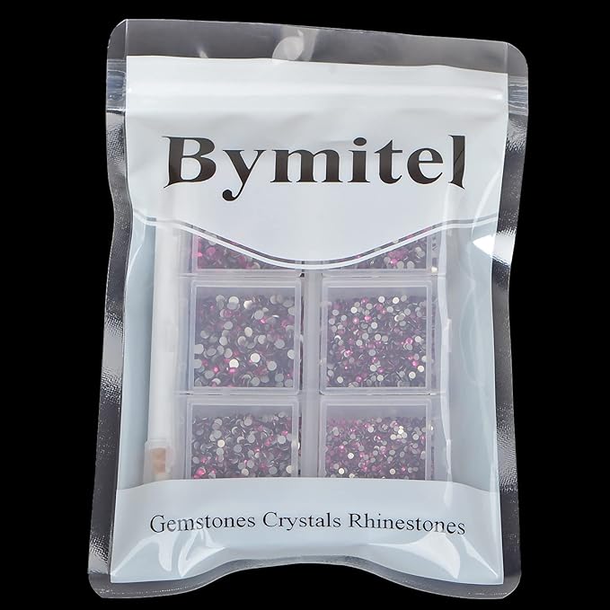 Bymitel 7200 Pieces 6 Mixed Sizes Glue Fix on Glass Rhinestones Round Crystal Gems Flatback for DIY Jewelry Making with one Picking Pen(6-Sizes 7200PCS, Fuchsia)