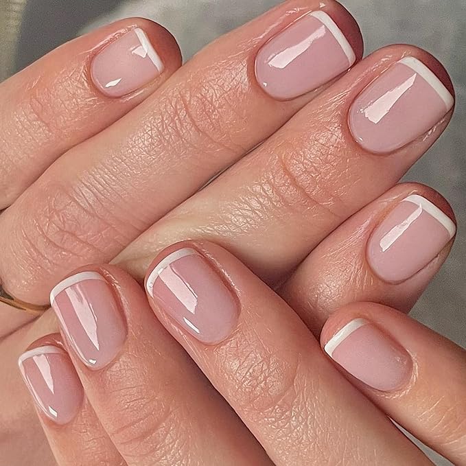 AddFavor 120pcs French Tip Press on Nails Short Square Fake Nails Nude White French Nails Press on Acrylic Artificial False Nials with Adhesive Tab for Women Girls