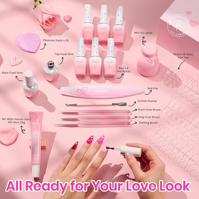 Beetles Tipex Lite Heart Cutout Nail Kit, Pre-Built Apex Almond & Stiletto Medium Nail Tips 192pcs, Gel Nail Starter Set with UV Lamp, Base & Top Coat, Glue Gel, 6 Colors for DIY Art