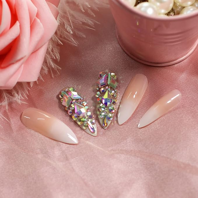 Luxury 3D Rhinestone Gradient Pink Nude Press on Nails Extra Long Stiletto False Fake Nail Tips DIY Fingernail for Wedding Party