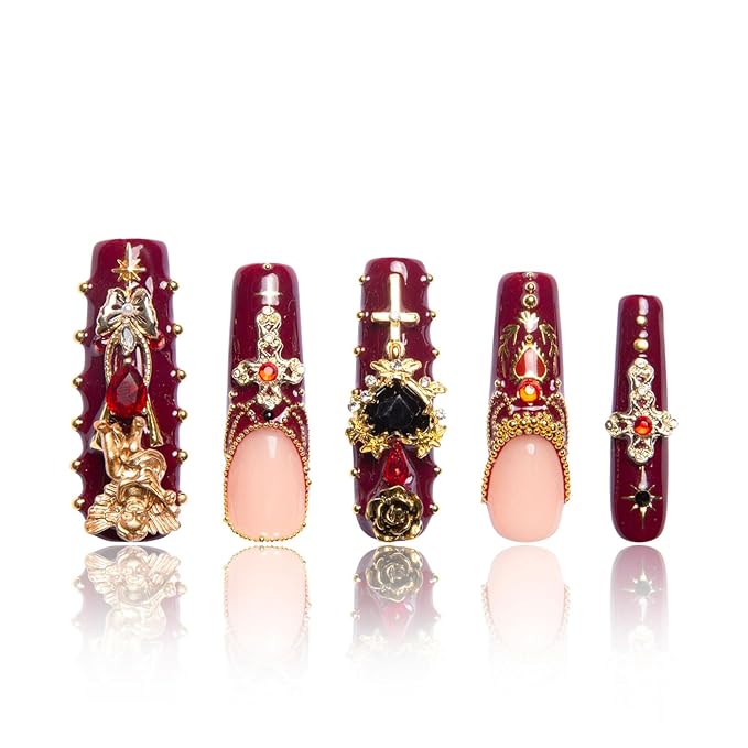 LOVFUL Press on Nails Gothic Romance| Handmade with Full Covered Crystals| Reusable Fake Nails| Square Mid length 1.7in| H333-L