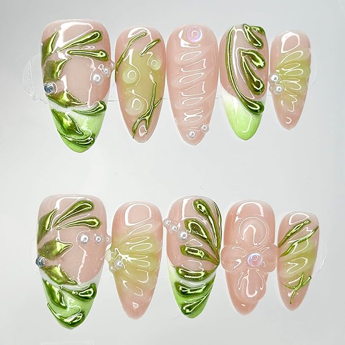 Luxury Press On Nails Medium Almond Handmade 3D Unique Reusable ABS Material False Nails Green with Designs Pearls Floral Art Petal Glossy Glue on Nails Thick Acrylic Nails (10 Pieces, 1 Set)