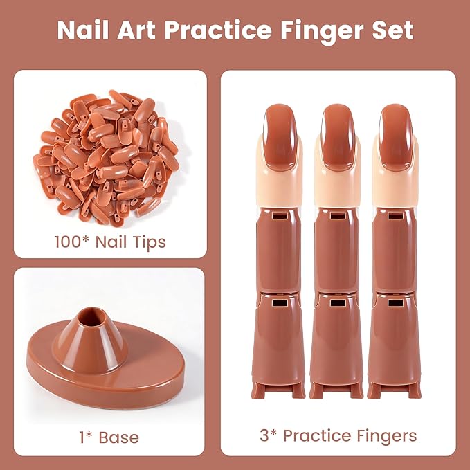 Practice Finger for Acrylic Nails, 3PCS Adjustable Nail Practice Hand Finger with Base Stand and 100PCS Brown Nail Tips, Practice Hand for Home Salon DIY Beginner(Brown)