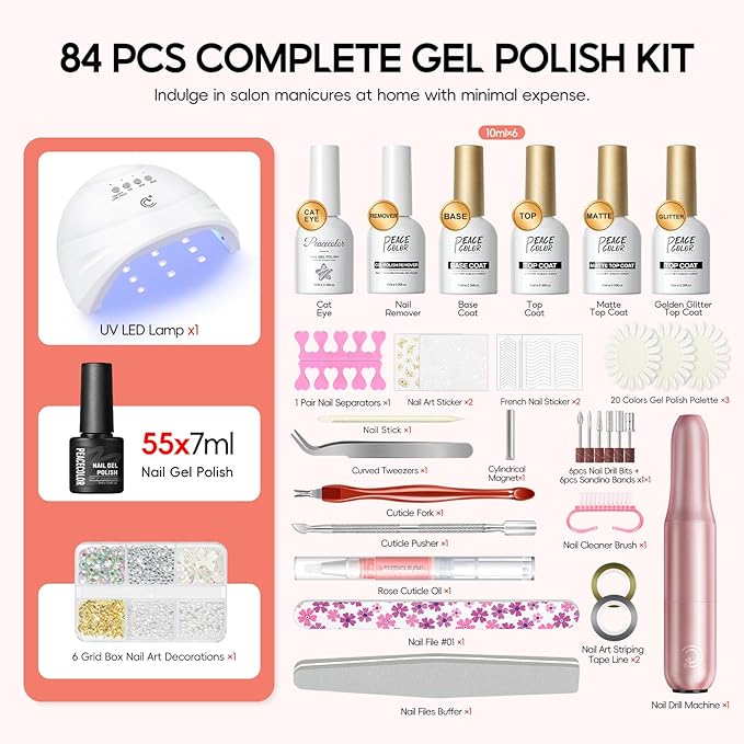 Peacecolor 83Pcs Gel Nail Polish Kit with U V Light and Drill, 56 Colors All Seasons Soak Off Gel Polish Set Cat Eye Gel with Matte/Glossy Glitter Base Top Coat Manicure Nail Kit Gifts for Women Girls