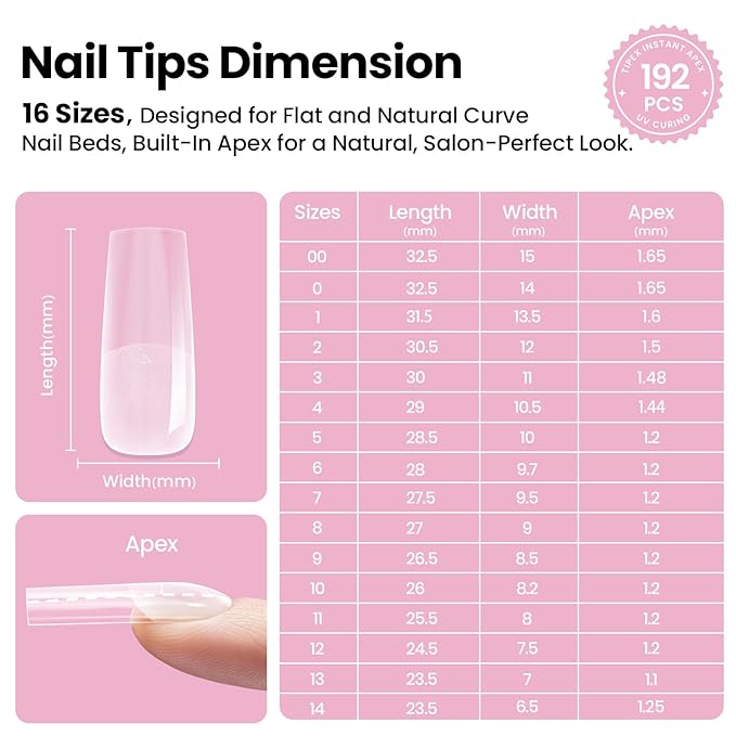 Beetles Tipex Lite Apex Nail Tips Kit,Square Long,192pcs 16 Sizes,with UV Nail Glue, Base & Top Coat, Mini Nail Lamp, Nail Clipper & Cuticle Nipper,Pre-Building Pre-Etched Acrylic Tips Kit