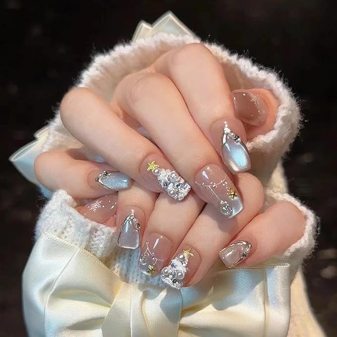 Cat Eye Press on Nails Handmade Short Square - Snowflake & Luxe Tree Light Design with 3D Pearl Gold Star, Winter False Nails for Women Girls (Holiday Cateye,S)