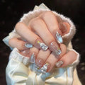 Cat Eye Press on Nails Handmade Short Square - Snowflake & Luxe Tree Light Design with 3D Pearl Gold Star, Winter False Nails for Women Girls (Holiday Cateye,M)
