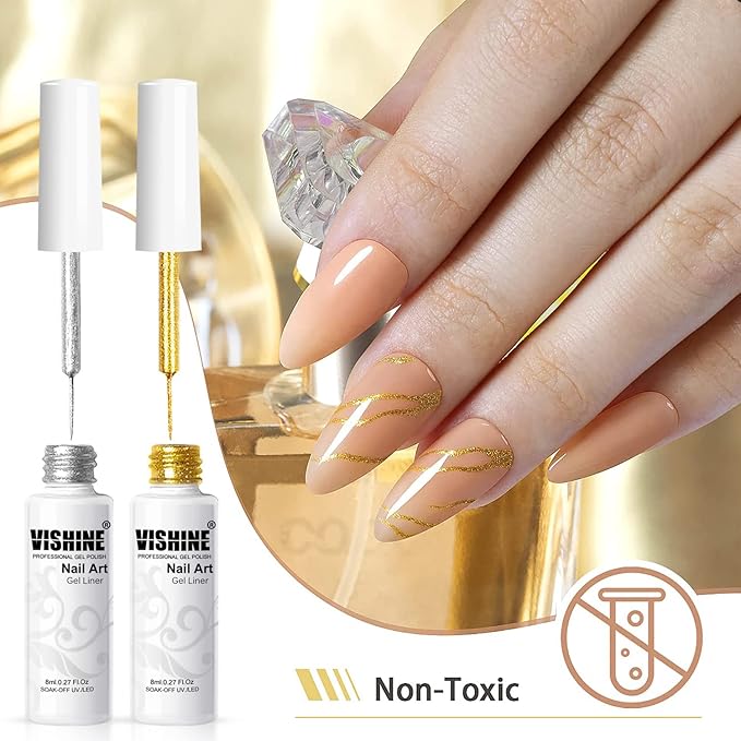 Vishine Gel Nail Polish Liner Glitter Metallic Gold Silver Glitters Colors Gel Art Paint Polish for Swirl Nails Euphoria Nail French Manicure
