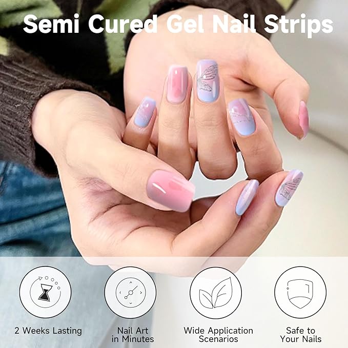 Semi Cured Gel Nail Strips, 28 pcs Gel Nail Stickers Work with Any UV Lights, Long-Lasting Nail Wraps, Stick on Nails for women Easy to Apply & Remove