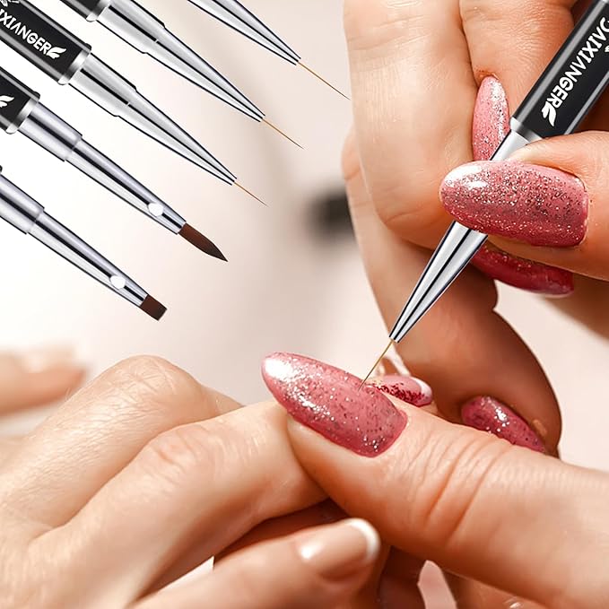 5 Pcs Nail Art Brush Set, Nail Art Brushes Double-Ended, Nail Liner Brushes and Nail Design Brush for Long Thin Liner Nails Detail, 3D Brush for Nails Art Gel Nail Polish Acrylic Nail Drawing