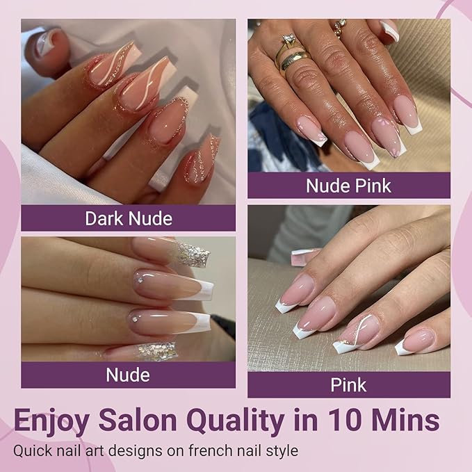 Gel French Tip Nails Long Coffin Press on Nails White 300Pcs Pre-applied Tip Primer Natural Brown Fake Nails Extensions Kit for Women Girls DIY