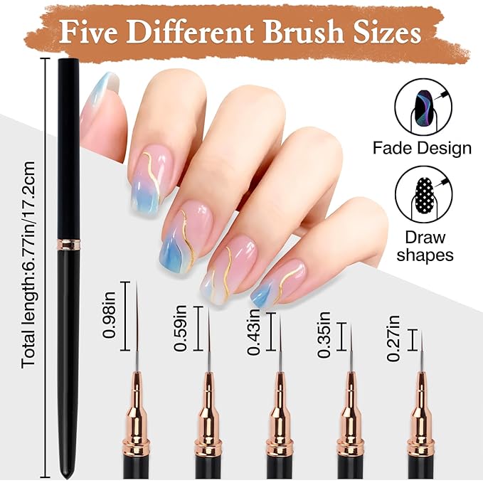 5PCS Metallic Nail Art Liner Brush Set – Fine Detail Pens for Thin Lines, UV Gel Polish Painting & Nail Design (Black Handles)