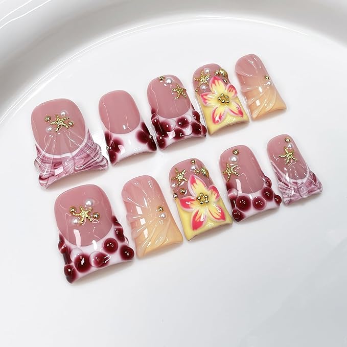 Duck Handmade Press on Nails Short Muti-Layer Gel False Nail Kit Blue Pink French Tip Fake Nails with 3D Flower Starfish and Pearl Design Luxury Artificial Full Cover Stick on Nails for Women (Size M)