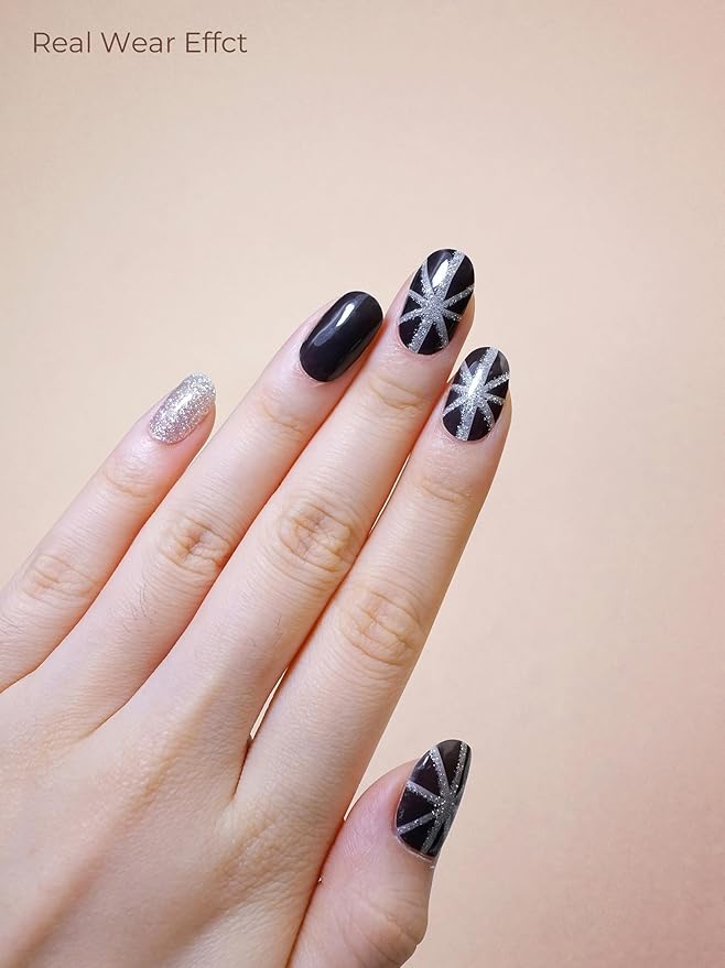 Pre Cured Gel Nail Strips - 44PCS Salon Quality Gel Nail Stickers - Long Lasting Polish Wraps for Women no UV Light Needed Easy Apply & Remove (Sultry Black