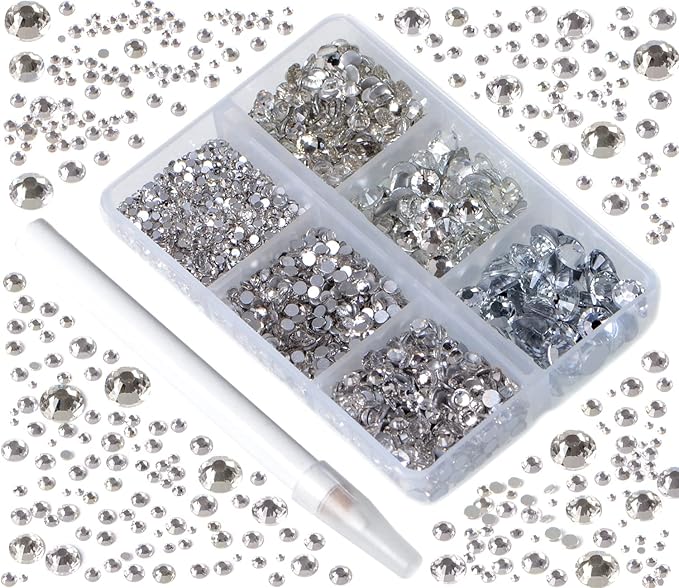 Bymitel 5000 Pieces 6 Mixed Sizes Glue Fix on Glass Rhinestones Round Crystal Gems Flatback for DIY Jewelry Making with one Picking Pen(6-Sizes 5000PCS, Clear Crystal)