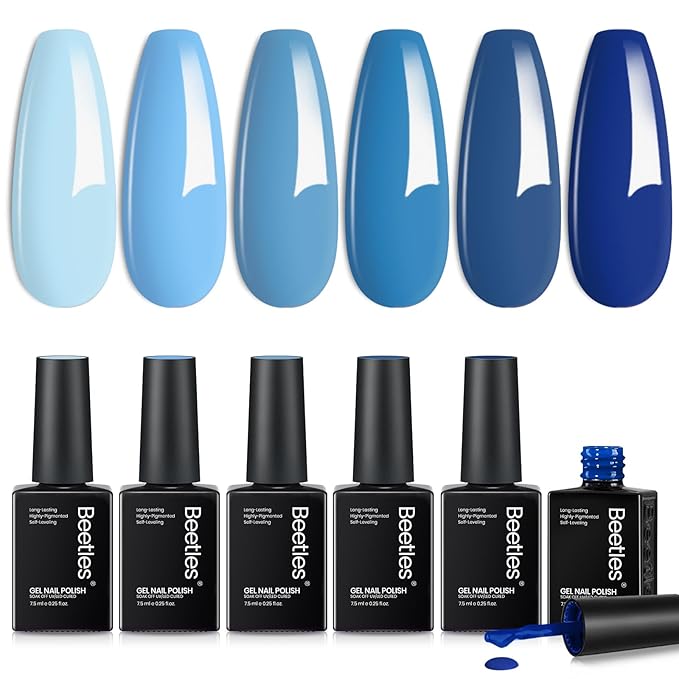 Beetles Blue Gel Polish Set Gel Nail Polish 6 Colors Light Baby Dark Navy Blue Soak off Uv Led Lamp Needed Manicure DIY Home Gifts for Women Ocean Range