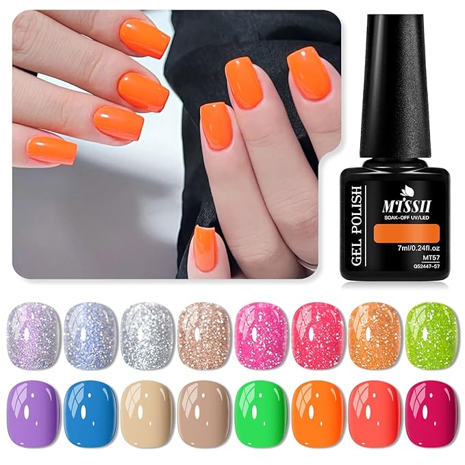 MTSSII Purple Blue Khaki Green Orange Red Gel Nail Polish 18 Pcs Set Silver Yellow Rose Red Pink Green Orange Glitter Gel Nail Polish with Base Gel Set Glitter Polish Kit for DIY Nail Art Women Gifts
