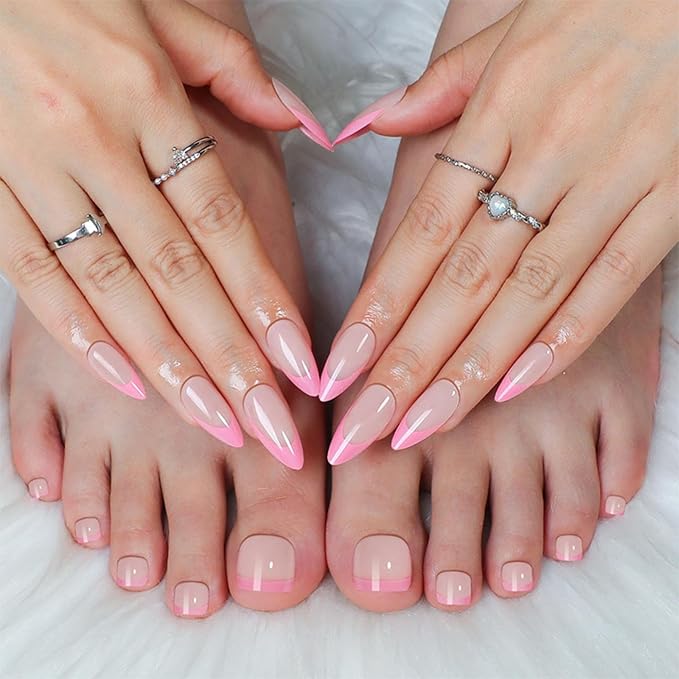 48Pcs French Tips Press on Toenails Light Pink Press on Nails Medium Almond Fake Nails with Designs Full Cover Pink Stick on Toenails Glossy Summer False Toenails for Women Girls DIY Manicure