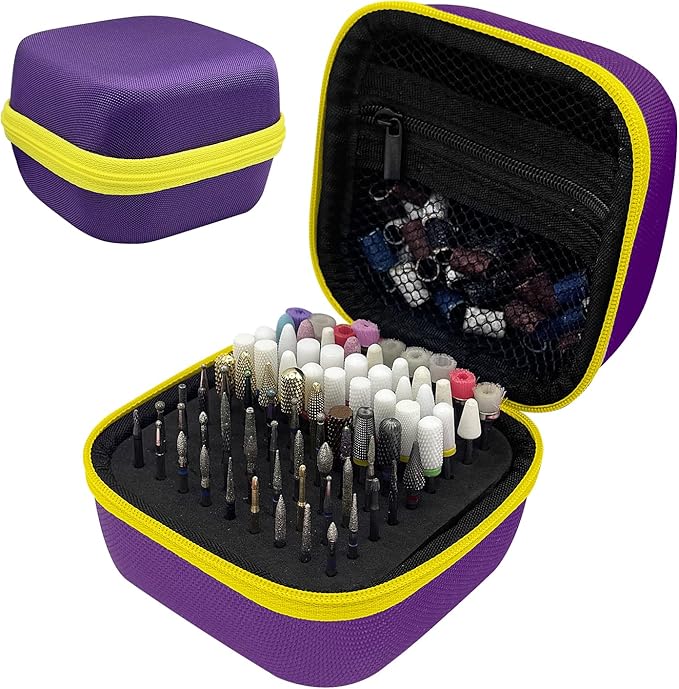 81 Holes Nail Drill Bit Holder, Nail Bits Display Container, Dustproof Portable Organizer Storage Bag, Efile Nail Bits Professional Manicure Tools, for Manicure Tools (ONLY CASE) (Purple+Yellow)