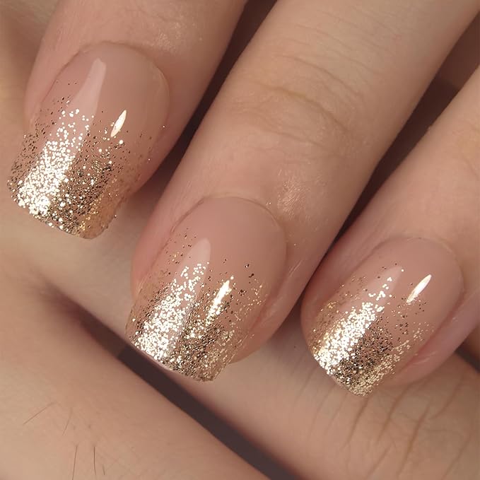 Curvlife Press on Nails Acrylic Fake Nails with 30pcs Fluid Gold Short Square Design Full Cover False Nails for Women Reusable Nail Kit with Nail Glue Adhesive Tabs