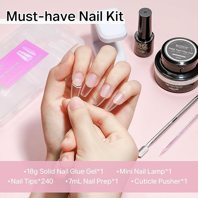MIZHSE Gel Nail Kit Medium Coffin Gels Nail Tips, Solid Nails Glue Gel for Press On Nails with Portable U V Lamp 240Pcs 12 Sizes Half Matte Nail Tips Easy Nail Extension Set for Women