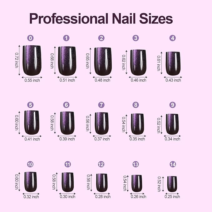 Cat Eye Press on Nails, 300Pcs XS Short Square Cat Eye Nail Tips, Glossy Glitter Soft Gel Fake Nails for Women and Girls Stick On Nails in 15 Sizes