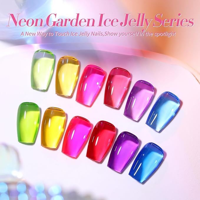 BORN PRETTY Jelly Gel Nail Polish Neon Spring Summer Gel Polish,Hot Pink Red Purple Blue Green Yellow 6Colors Translucent Effect,Soak Off U v LED Light Cure Nail Art Kit Salon Manicure and DIY at Home