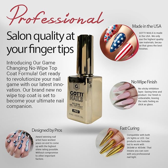 Gotti Nails No Wipe Gel Top Coat, High Gloss Shine, Non-Yellowing & Stain Resistant, Clear UV/LED finish